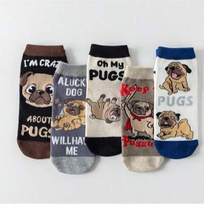 5 đôi tất cổ cao in hình chó Pug hoạt hình, tất in hình chó Bulldog ngộ nghĩnh, tất unisex mềm mại, thoáng khí, thấm hút mồ hôi, thiết kế độc đáo, đa năng cho trang phục thường ngày, vật dụng cần thiết cho người yêu thú cưng.