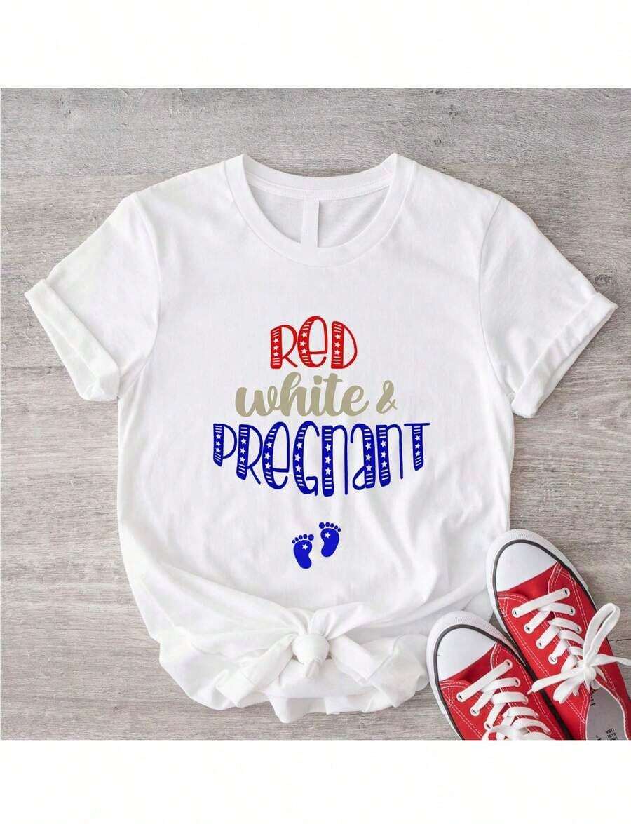 1 Red And White Maternity T-Shirt, Pregnancy Announcement T-Shirt, T-Shirt For Expectant Mothers, Gifts For Expectant Mothers, T-Shirts For Expectant Mothers, TC-418180g 100% Soft Cotton. - 白色 - 查看 1