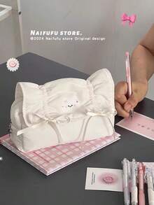 Soft Cute Cat Bow Pencil Case, Macaron Color Matching Ribbon Pleated Design, Large Capacity Fits Multiple Pens, Soft & Durable Material, Full Of Girly Charm, Suitable For Study & Storage - Cat - View 3