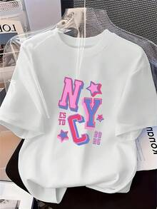 [Meiling Direct]Camiseta de manga corta para mujer, con estampado de la alfabeto en rosa y azul, con diseño de estrellas, corte holgado y sencillo, tejido cómodo y transpirable, estilo casual versátil, ideal para uso diario y estilo urbano, es una camiseta de verano a la moda para la calle y la vida cotidiana, así como una opción ideal para la playa y el verano. - Blanco - Ver 6
