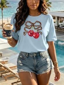 Camiseta oversize blanca para mujer con lazo de leopardo y cerezas, estilo chic y veraniego Camiseta informal de verano para mujer,Playera oversize con estampado animal print y cerezas - YH335-Azul - Ver 1