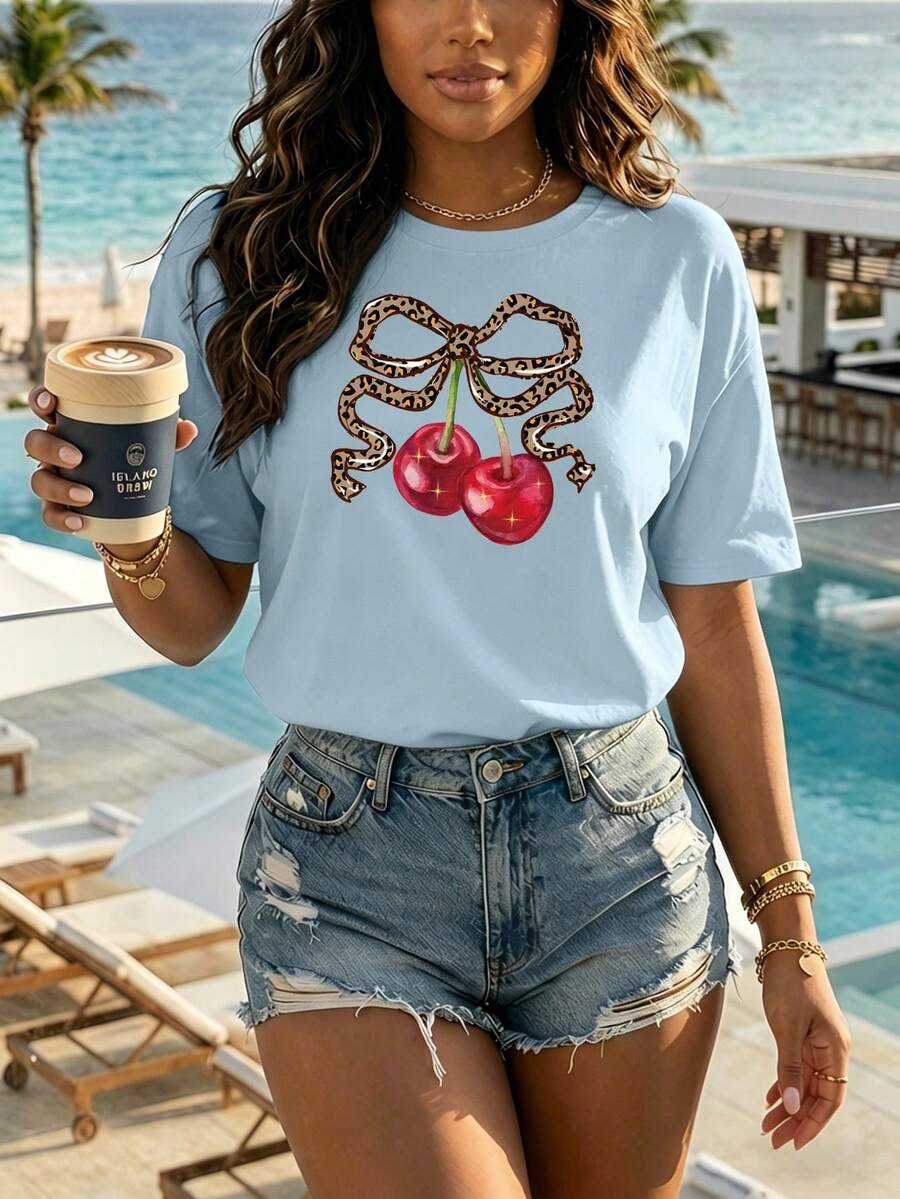 Camiseta oversize blanca para mujer con lazo de leopardo y cerezas, estilo chic y veraniego Camiseta informal de verano para mujer,Playera oversize con estampado animal print y cerezas - YH335-Azul - Ver 1