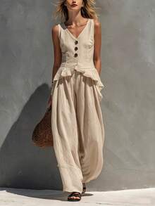 New Linen Set For Spring-Summer, Casual And Office Style, Button-Front Vest With V-Neck, Flattering Design, Perfect For Daytime Looks And Seasonal Transitions - Khaki - View 7