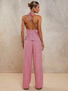 Conjunto de dos piezas elegante de rayas para vacaciones de mujer, primavera/verano - Rojo y blanco - Ver 2