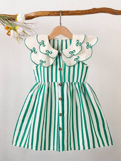 Young Girl' Summer Fresh & Energetic Green & White Striped Peter Pan Collar Heart Embroidered Dress, Retro Cute Style, Suitable For Amusement Park, Theme Party, Vacation, Gathering And Other Occasions
