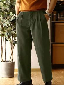 Pantalones de traje de hombre de corte recto y delgado con pliegues de unicolor - Verde militar - Ver 5