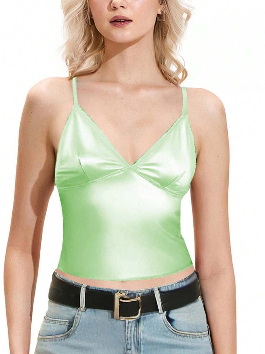 Women's Summer Satin Cami Tops Sleeveless Open Back V Neck Solid Color Tank Tops - 綠色 - 查看 1