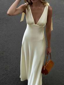 Vestido ajustable de color liso con cordón elegante para primavera - Amarillo - Ver 4