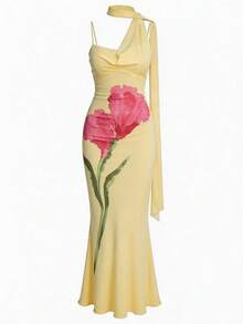 Vestido elegante y sexy de playa, boda, primavera y verano para mujer, de punto, con estampado teñido anudado - Albaricoque - Ver 1