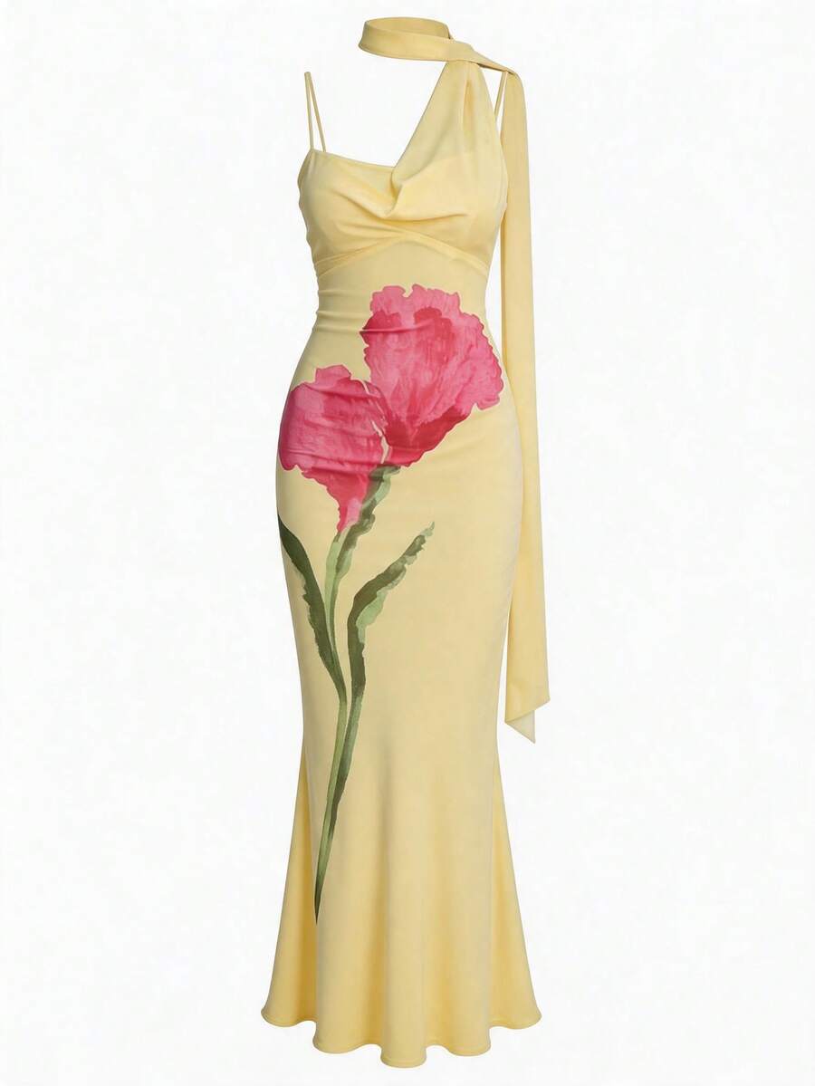 Vestido elegante y sexy de playa, boda, primavera y verano para mujer, de punto, con estampado teñido anudado - Albaricoque - Ver 1