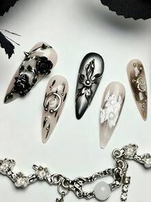 10 Piece Handmade Slim High-Heeled Press On Nails, Gothic Punk Style, 3D Black Roses, Metallic Silver Studs And Spike, Flowers And Smoky Gradient Effects, Black&Silver&Nude, Nail Art Supplies With Tool Kit, Suitable For Daily Wear/Parties, Great Gift For Women - bạc trắng - Xem 4