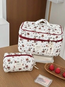 1件/3件組：綠葉與橘花圖案絎縫燈芯絨化妝包 - 旅行盥洗用品收納袋。花卉印花化妝包組，大容量，波希米亞風格，便攜設計。柔軟布料手提化妝收納袋/旅行包，適用於居家、浴室、臥室、旅行、度假和學校。臥室必需品；適合作為伴娘、母親節或生日的絕佳禮物。 - 彩色 - 查看 19