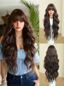 7JHH WIGS Extra Long Body Wave Dark Brown Wig For Women 32 Inch Elegant Wavy Curly Wig With Bangs, Natural Looking Soft Fluffy Synthetic Heat Resistant Fiber Hair Wig For Daily Wear, Music Festival Party Use - 深棕色 - 查看 2
