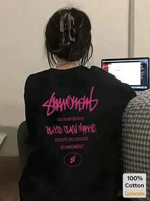 Custom Letter Print Mid-Length Short Sleeve T-Shirt, Fashionable Casual Top For Women, Loose Fit Cotton Short Sleeve Crew Neck T-Shirt, Vintage Summer Street Style In Black. - 黑色 - 查看 2