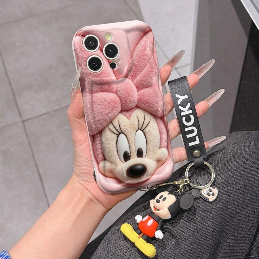 Disney Mickey Mouse Clubhouse Phone Case : 3D Fluffy Pattern Border Protector Phone Soft Phone Case With A Free Cute Mickey Bracelet Chain Lanyard, Mickey, Minnie, Goofy, Donald Duck, Daisy Duck, Pluto, For Apple 17 Promax 17 Pro 16 15 14 13 12 11 Pro Max XS Max X XR Soft Cover Summer Phone Case - 白色 - 查看 1