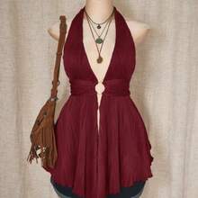 ICON Plus Size Y2K Style Hollow Out Asymmetrical Hem Babydoll Halter Neck Knit Camisole, Summer Tops - Burdeos - Ver 1