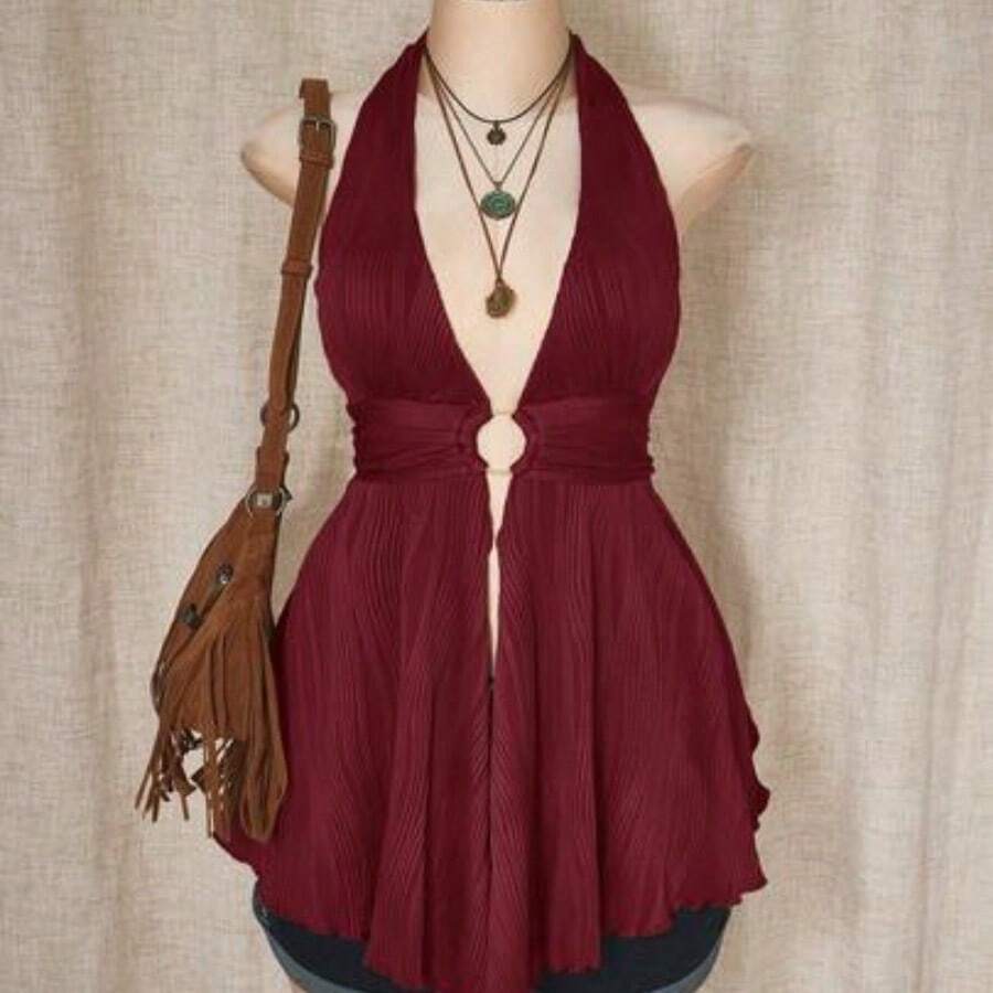 ICON Plus Size Y2K Style Hollow Out Asymmetrical Hem Babydoll Halter Neck Knit Camisole, Summer Tops - Burdeos - Ver 1