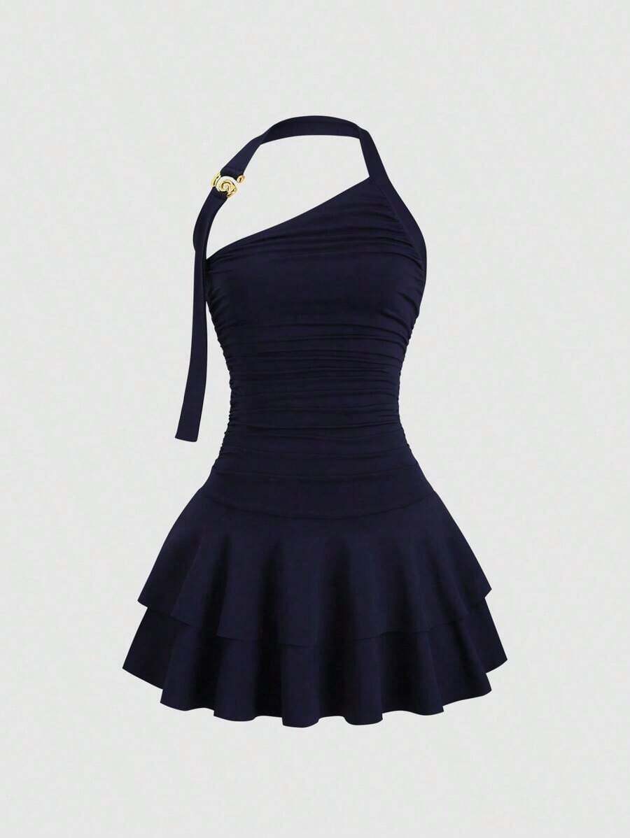 Nuevo diseño de vestido mini con falda acampanada que afina la cintura, con ornamento espiral dorado para mujeres - Azul marino - Ver 1