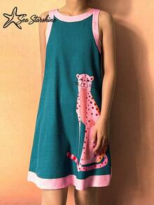Série Primavera/Verão Estrela do Mar Brilhante: Vestido Casual Confortável de Alça com Estampa Digital de Leopardo Rosa para Mulheres, Adequado para Férias na Praia Elegante - Azul - Visão 4