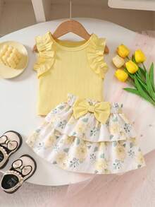 2 piezas Conjunto de niña bebé con blusa de manga con volantes acanalada y falda con estampado de moño, adecuado para el verano - Amarillo - Ver 1