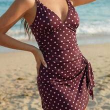 Swim Mod Traje de baño tipo tankini casual con estampado de lunares y nudo lateral para mujer - Amarillo claro - Ver 7