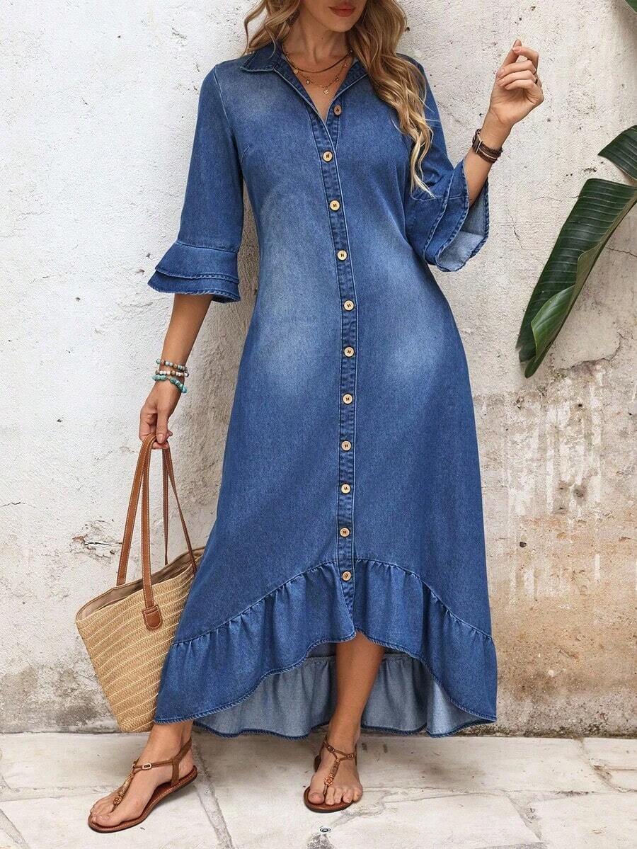 Vestido de verano de mezclilla con botones, cuello regular, mangas acampanadas y ribete de volantes - Azul - Ver 1