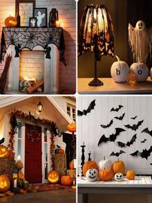 1 Set Halloween Tablecloth Set (Spider Web Lace Tablecloth, Fireplace Cloth, Placemats, Bat Stickers) Black Hollow Mesh Material Party Table Runner Halloween Table Decor Cover Suitable For Home, Restaurant, Bar, Haunted House, Escape Room, Costume Party, Holiday Party - Multicolor - View 8