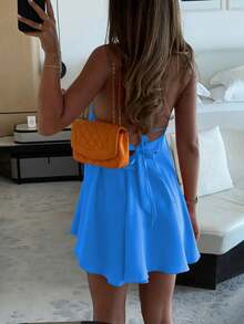 Vestido corto de mujer con cuello en V profundo, tirantes finos, espalda descubierta, corte holgado en línea A, volantes en el bajo, adecuado para vacaciones, ropa de calle, fiestas tropicales, elegante para el verano - Azul - Ver 8