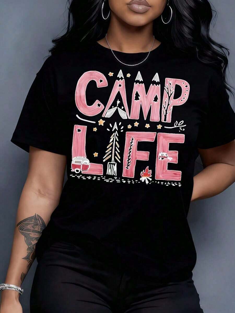 Camiseta Ligera Estampada para Mujer, Estilo Casual, para Campamento, Aventura al Aire Libre, Cuello Redondo, Manga Corta, para Verano, Ropa para Vacaciones de Verano, Adecuada para Festivales y Uso Diario - Multicolor - Ver 1