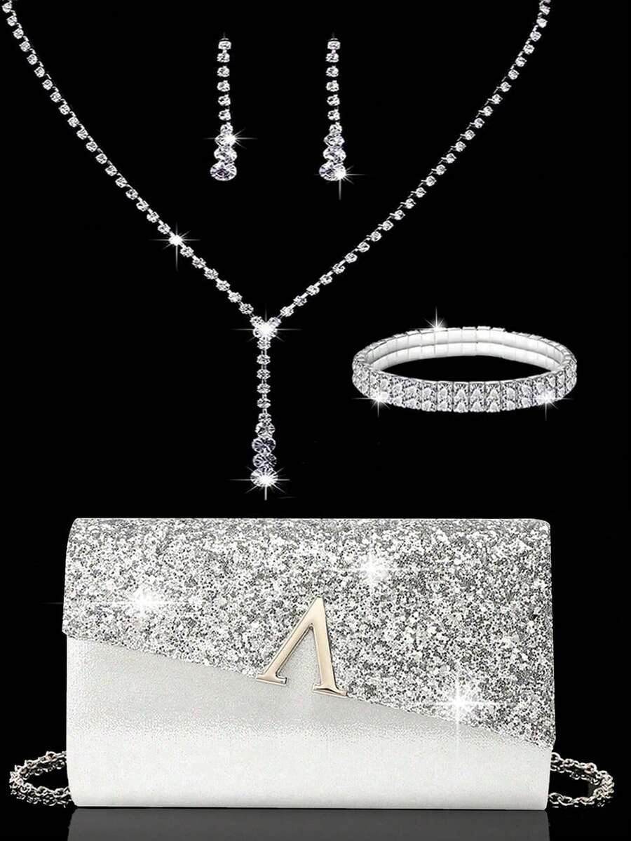 Túi xách dự tiệc sang trọng lấp lánh đính sequin dành cho nữ, túi nắp gập kim loại hình chữ V, túi thư thời trang dự tiệc, túi xách dạ hội cho nữ, túi xách cô dâu dự tiệc, túi xách dự tiệc, bộ trang sức kim cương lấp lánh sang trọng, bộ dây chuyền, bông tai và vòng tay, phù hợp để phối cùng váy dạ hội lấp lánh, váy cưới và váy dự tiệc. - Bạc - Xem 1