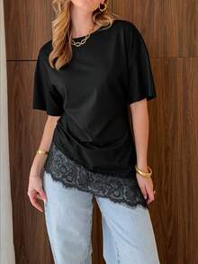 Nueva llegada Top largo de punto con dobladillo asimétrico y encaje de contraste, adecuado para playa, uso diario, festivales, escuela, fiesta de cumpleaños, casual negro - Amarillo - Ver 11