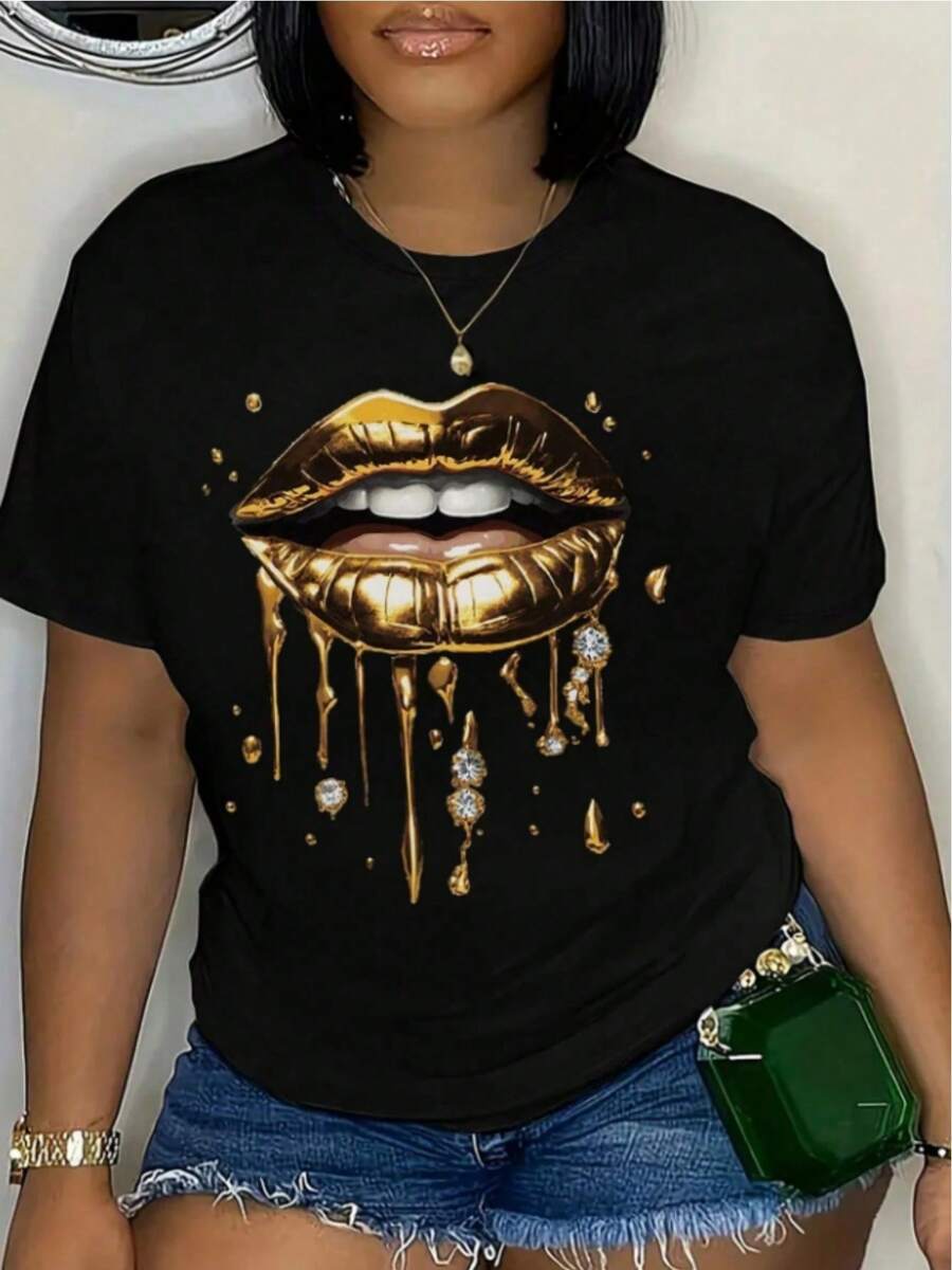Playera mujer estampado labios dorados efecto líquido brillante con detalles tipo joya, impresión térmica, camiseta elegante de estilo lujo manga corta - Negro - Ver 1