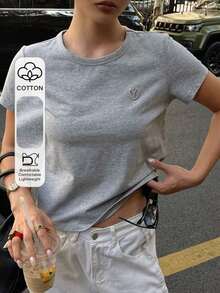 Y2K Style, Modern Style, The Newest Of 2026, Cute Style, Casual Style. Women's Loose-Fitting Casual Summer T-Shirt With Embroidered Heart And Letter Pattern, Red, 180g (S-XXXL) - 灰色的 - 查看 12