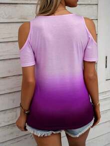 Camiseta de manga corta casual con cuello de corazón y hombros descubiertos, con estampado total de encaje floral 3D, adecuada para primavera/verano, viajes y salidas - Multicolor - Ver 2