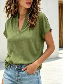 Camisa casual de mujer de manga corta con cuello entallado de unicolor, para verano - Verde militar - Ver 6