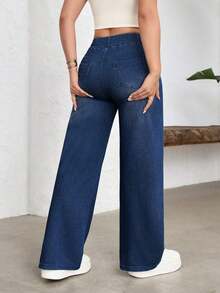 FlexDen Pantalones vaqueros de pierna ancha, estilo casual deportivo, con elástico para mujer - Niebla azul - Ver 2