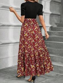 Vestido elegante de línea A con mangas abullonadas, decoración de lazo, diseño de bloques de color, cuello redondo, lavable a máquina, vestido casual para primavera/verano, adecuado para trabajo, fiesta, playa, vacaciones de lujo - Rojo - Ver 3