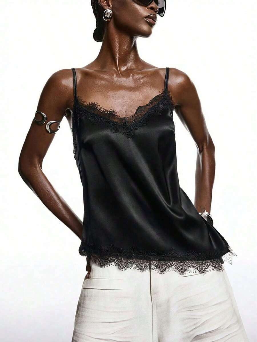 2026 Nueva Blusa Minimalista de Primavera para Mujer de Satén Azul Claro con Encaje Brillante, Elegante Camiseta de Tirantes con Encaje, Adecuada para Primavera/Verano; Camisa Elegante, Adecuada para Fiestas, Primavera, Navidad, Año Nuevo, etc.Ele - Negro - Ver 1