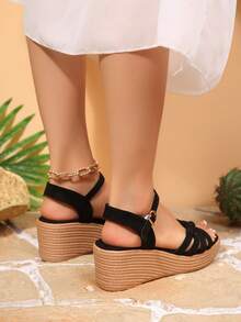 Plus Size Women's Platform Wedge Heel Sandals, Summer New Open Toe Strap High Heel Roman Sandals - Black - View 4