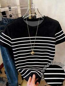 Camiseta de mujer de manga corta con cuello redondo y bloques de color a rayas - Multicolor - Ver 5
