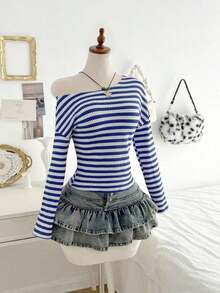 Top de manga larga asimétrico de hombro suelto con rayas de jacquard de punto de colores, moda casual y cómoda para uso diario, otoño/invierno - Multicolor - Ver 5