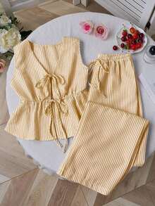 Pantalones rectos versátiles con cordones y estampado de rayas rosa, nuevo conjunto de 2 piezas para mujer, estilo europeo y americano de verano - Caqui - Ver 1