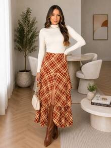 Women's Long Plaid Skirt, High Waist, Ruffles, Slit, Elegant Winter Fashion - Mocha Brown - View 6
