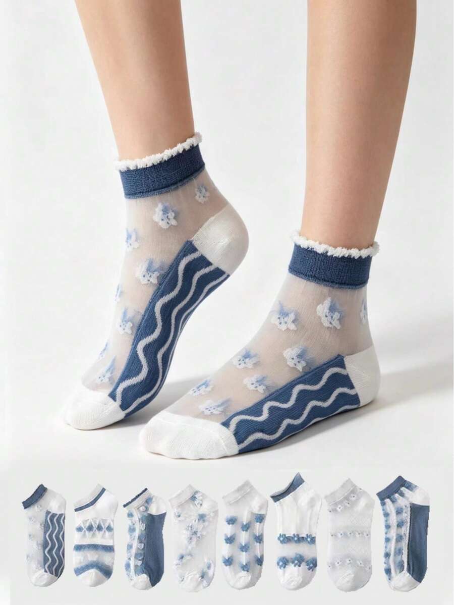 5 Pairs/Pack Women's Thin Breathable Comfortable Sheer Mesh Transparent Glass Silk Socks, Summer - Baby Blue - View 1