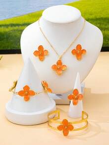 1 Set Fashionable & Sweet Floral Series Jewelry Set Including Necklace/Bracelet/Bangle/Ring/Earrings, Unique Handpainted Enamel Flower Petals, Suitable For Women's Daily Wear And Parties - Four Cornus Set - View 10