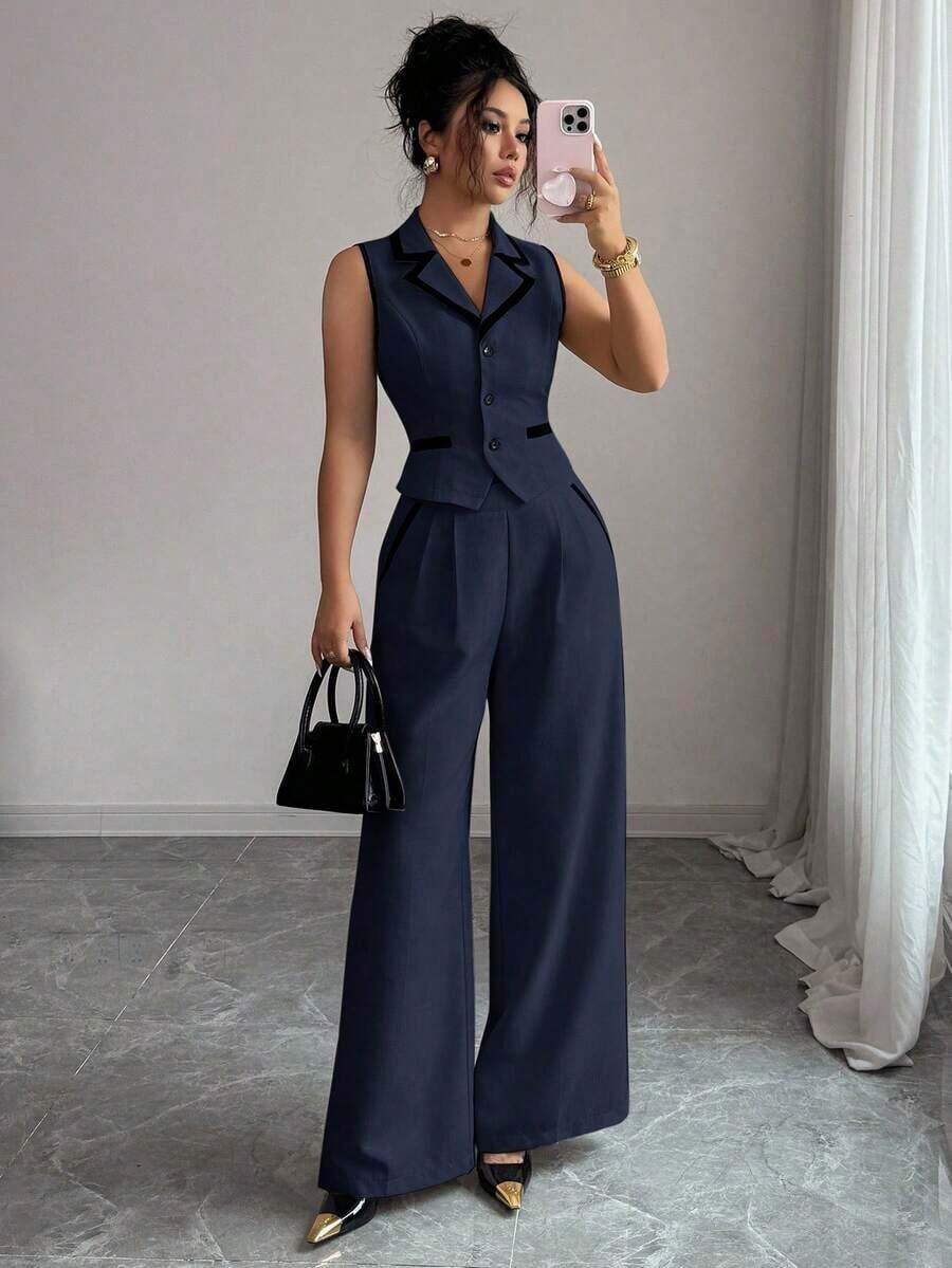 Traje de chaleco y pantalones con ribete de contraste elegante para mujer, todos los atuendos para mujer, de vuelta a la escuela, atuendos de maestra para mujer, vestido de invitada de boda elegante, casual de negocios para mujer, vestido de in - Azul marino 2 - Ver 1