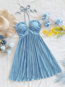 Vestido rosa sólido sin mangas con cuello halter de moda y lindo, vestido bohemio para mujer - Azul - Ver 7