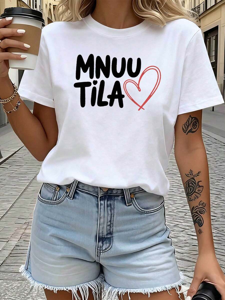 Finlandés Mi espacio Corazón Tema impreso cuello de la tripulación de la mujer camiseta, Corazón Decoración texto de manga corta casual, moda diaria de uso superior