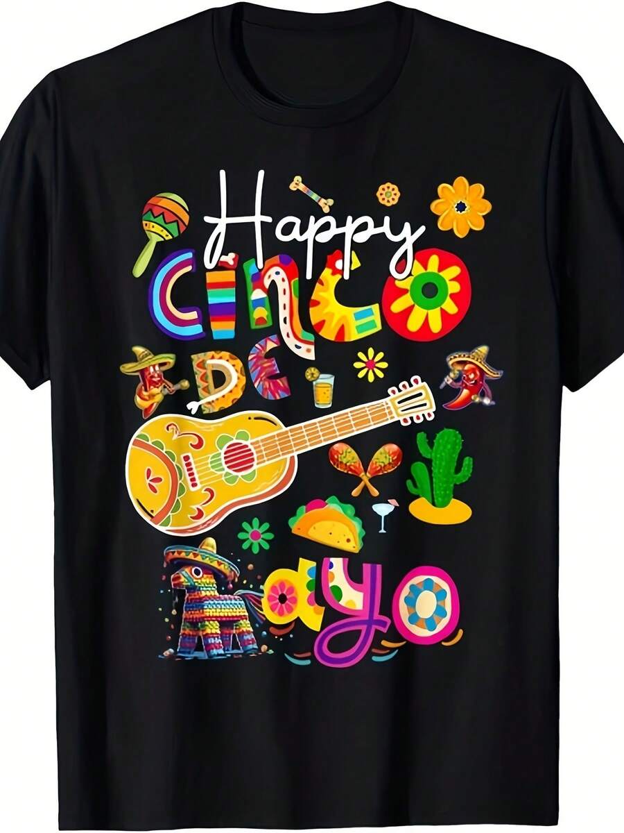 Mexican Fiesta T-Shirt For Men And Women - Retro Print Of Sombrero, Maracas, Cactus And Piñatas, Vibrant, Suitable For Cinco De Mayo Party Outfits, Casual Short Sleeve Crew Neck T-Shirt, Machine Washable Mexican Themed Clothing, Short Sleeve T-Shirt. - 黑色 - 查看 1