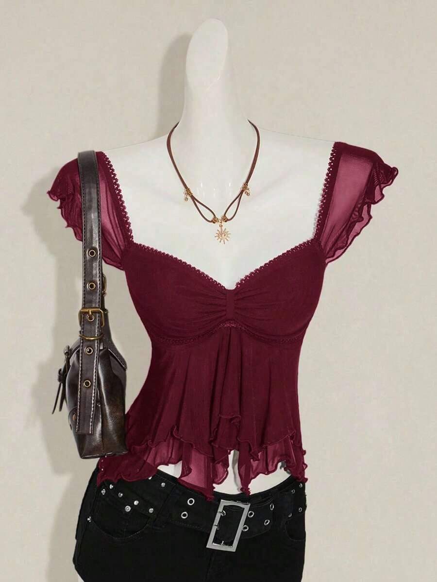 Top sin mangas con volantes, escote con pliegues, ajuste ceñido, parches de malla sexy, espalda con lazo, top casual de vacaciones - Burdeos - Ver 1